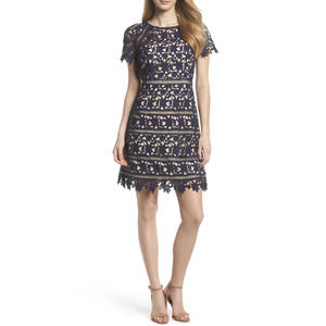 Eliza J Womens Navy Blue Crochet Lace Overlay Sheath Dress Size 2 Cocktail Party